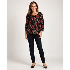 Vintage Notations Top Womens XL Black Red Flower Whimsigoth Vamp Fall Textured